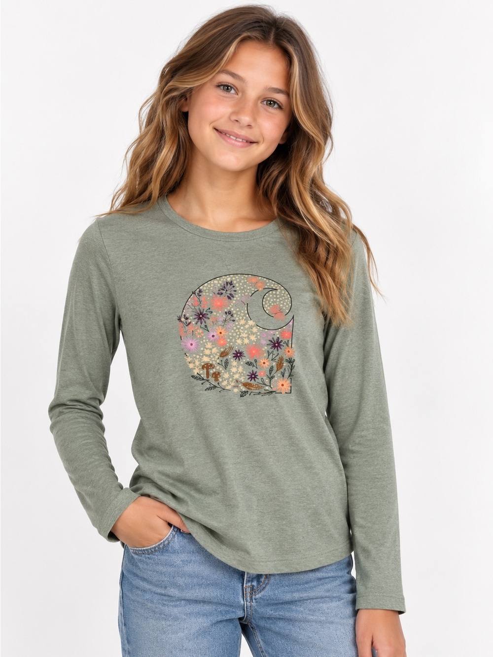 Carhartt Girls Floral Logo Long Sleeve Shirt Sage Green Kids Medium